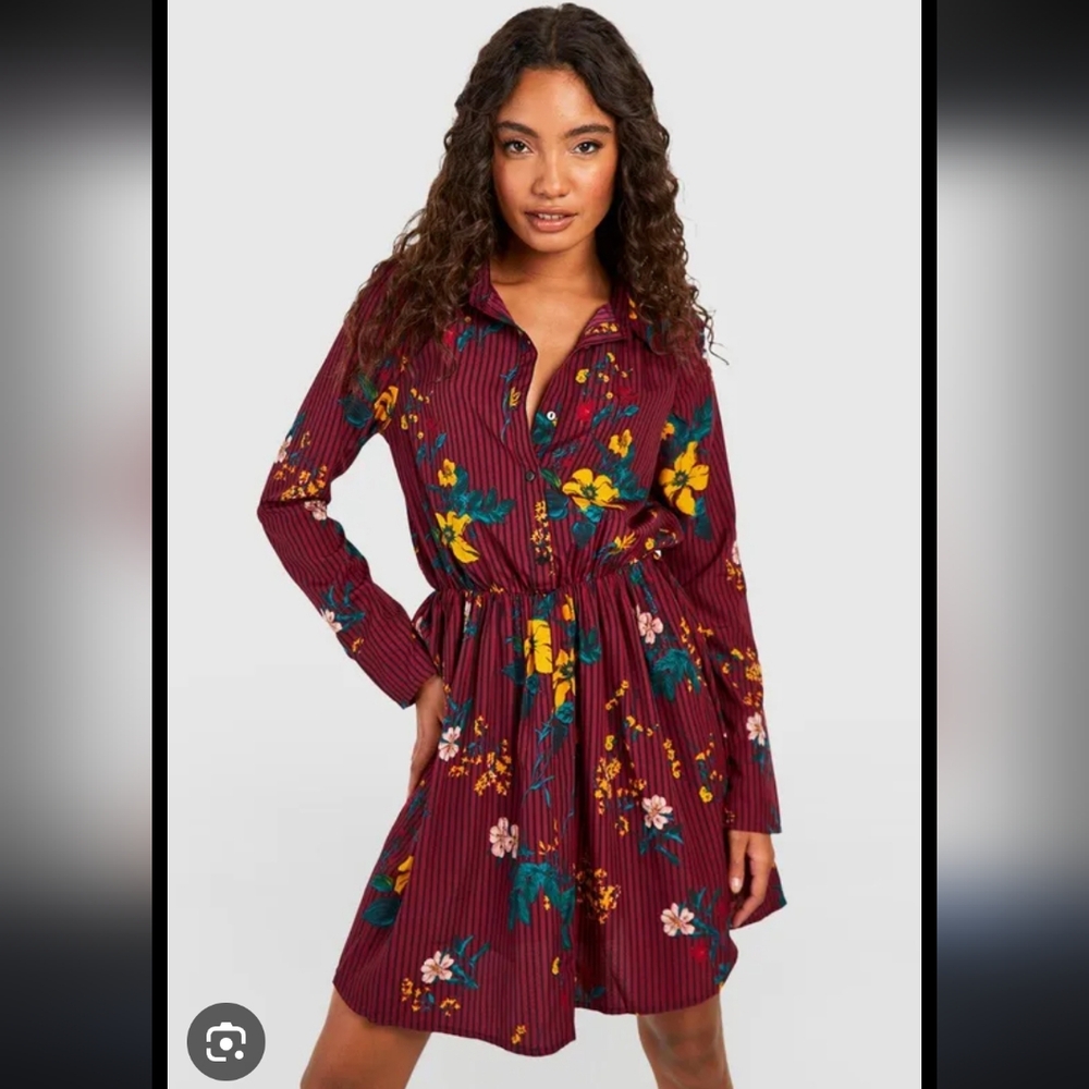 S2 Boohoo Tall Burgundy Floral Striped Cottage Country Boho Dress 10